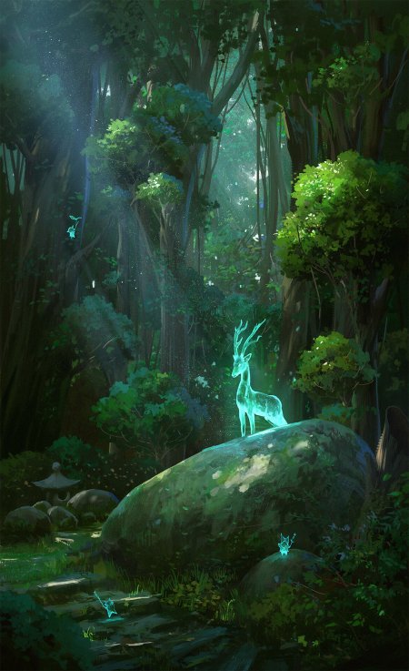 幽灵鹿森林发光绿意奇幻手机壁纸