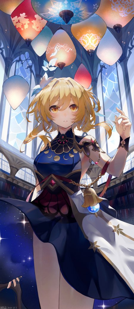 原神荧金发橙瞳蓝裙少女梦幻蓝紫动漫手机壁纸