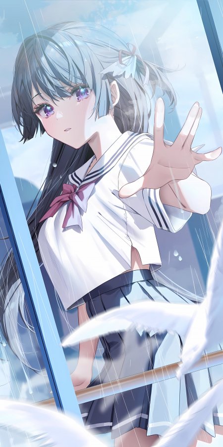 银发紫瞳水手服少女雨中伸手蓝白动漫手机壁