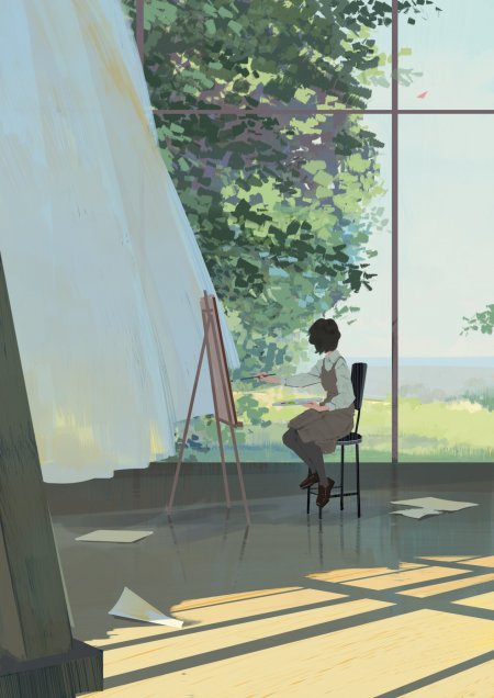 少女窗边绘画绿意盎然清新文艺手机壁纸