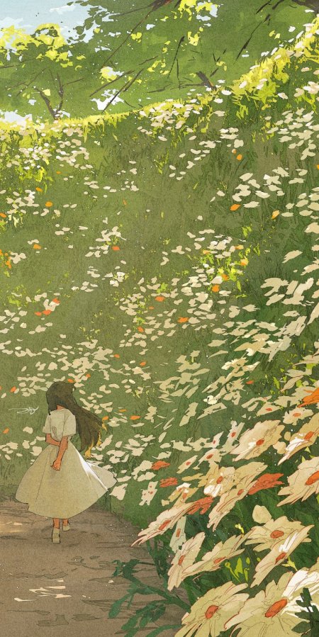 少女漫步花海绿意盎然插画风手机壁纸
