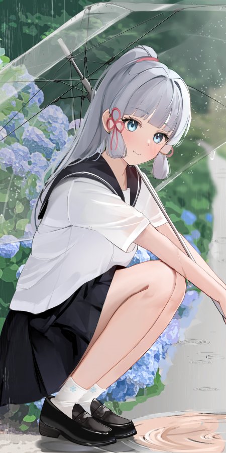 银发少女雨中撑伞蓝紫花卉动漫手机壁纸