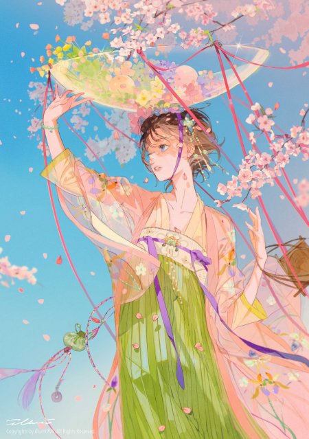 古风少女樱花伞下粉绿唯美动漫手机壁纸