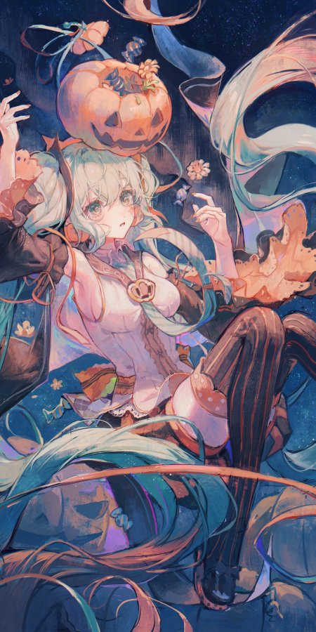 万圣节少女南瓜灯蓝紫梦幻动漫手机壁纸