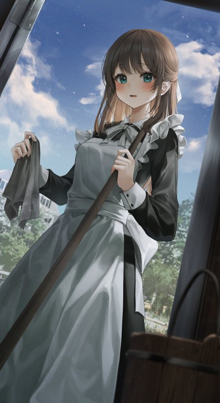 女仆装少女持扫帚蓝白动漫手机壁纸