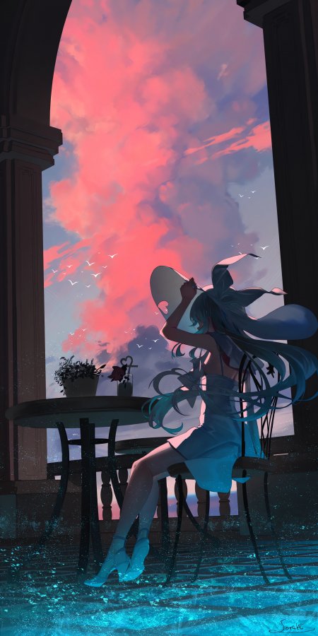 初音未来蓝发少女窗边观霞粉紫动漫手机壁纸