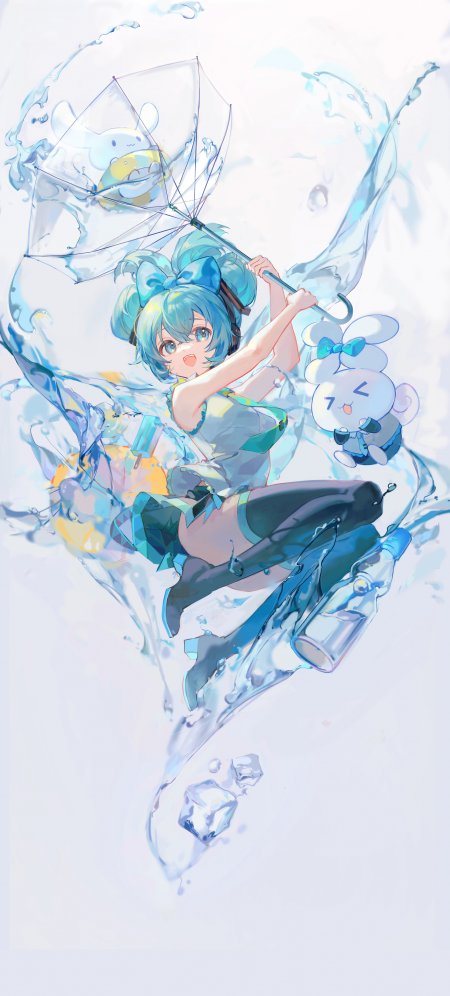初音未来蓝发持伞水花飞溅蓝白动漫手机壁纸
