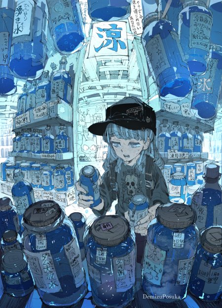 蓝瓶清凉市集少女持罐蓝调动漫手机壁纸