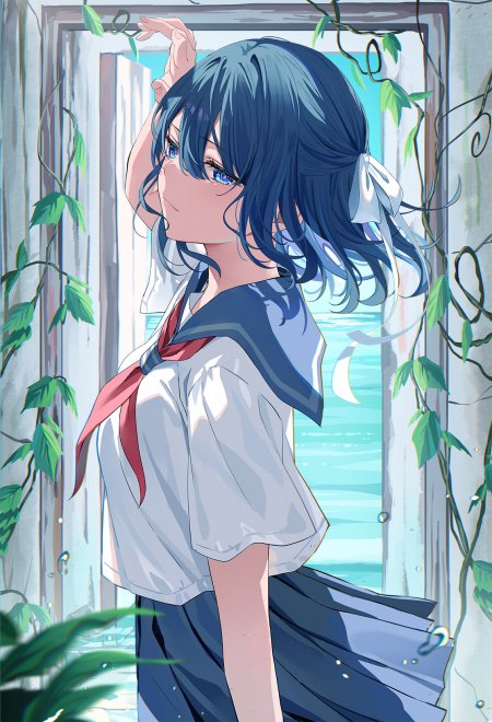 蓝发少女水手服窗边绿藤清新动漫手机壁纸