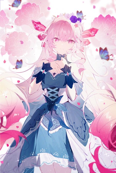 粉色长发少女蓝裙蝴蝶结粉紫动漫手机壁纸