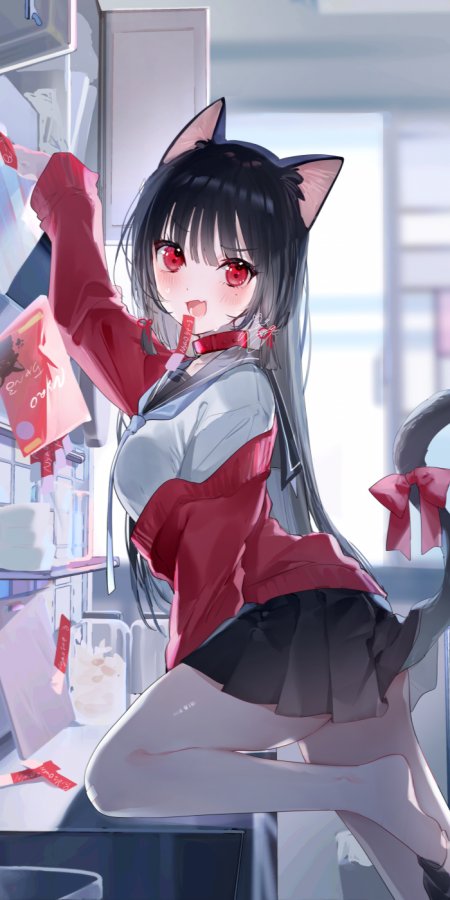 猫耳少女红瞳校服红灰动漫手机壁纸