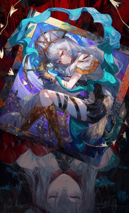 银发红瞳少女王冠蓝绸暗红奇幻动漫手机壁纸