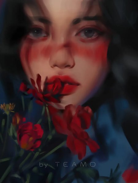 红唇少女手捧红花暗蓝唯美插画手机壁纸