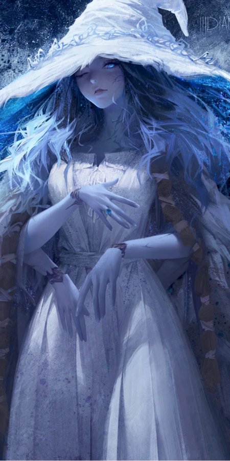 蓝发女巫白袍宽帽冰蓝奇幻动漫手机壁纸