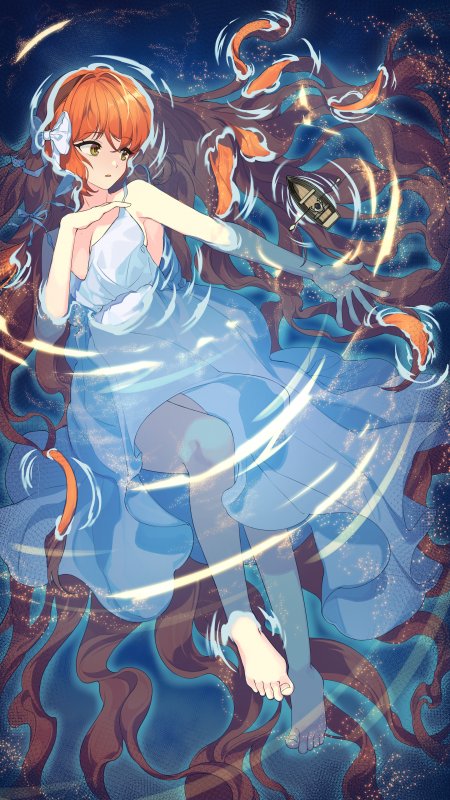 橙发少女蓝裙水中游动星辉闪烁动漫手机壁纸