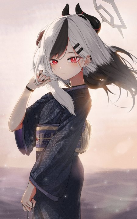 银发红瞳和服少女黑角动漫手机壁纸