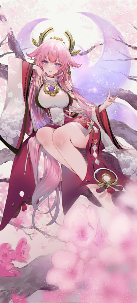 原神八重神子樱花月下粉紫动漫手机壁纸