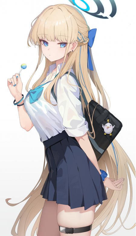 金发蓝眼少女持棒棒糖蓝白动漫手机壁纸