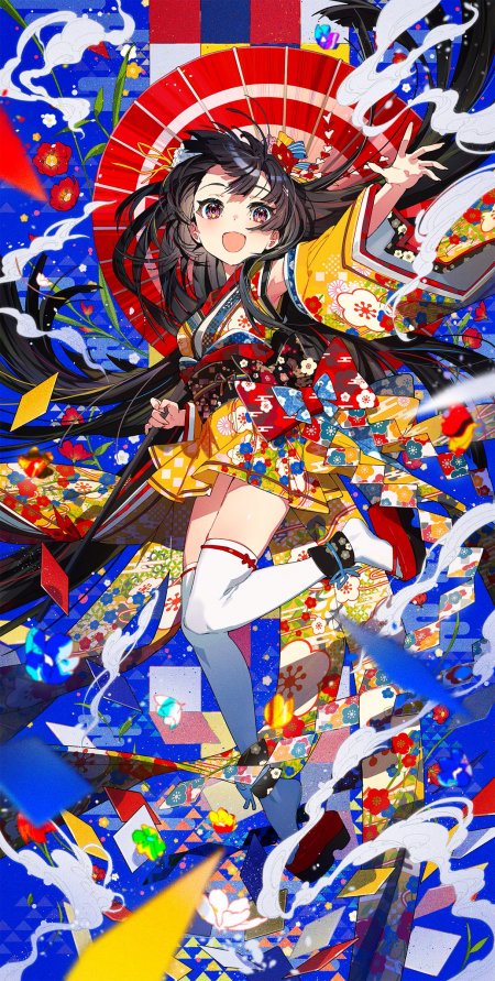 和风少女持红伞跃动蓝彩动漫手机壁纸