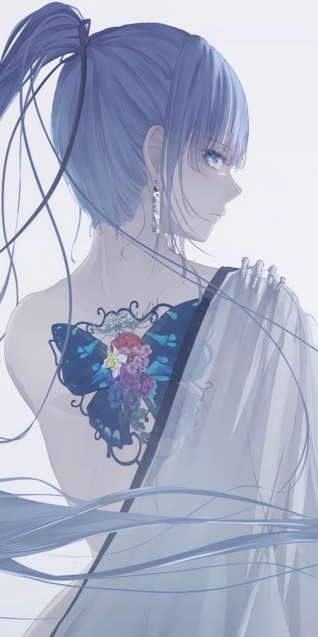 蓝发少女蝴蝶花饰侧颜淡紫动漫手机壁纸