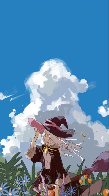 魔女少女持扫帚蓝天白云动漫手机壁纸