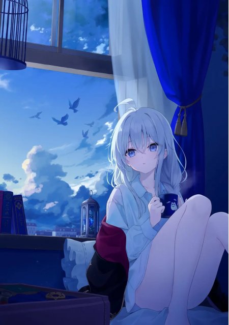 银发蓝眼少女窗边捧杯蓝紫动漫手机壁纸