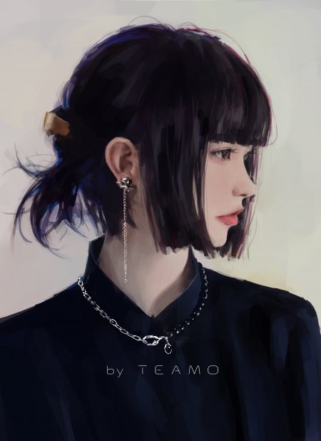 黑发齐刘海少女侧颜冷调动漫手机壁纸