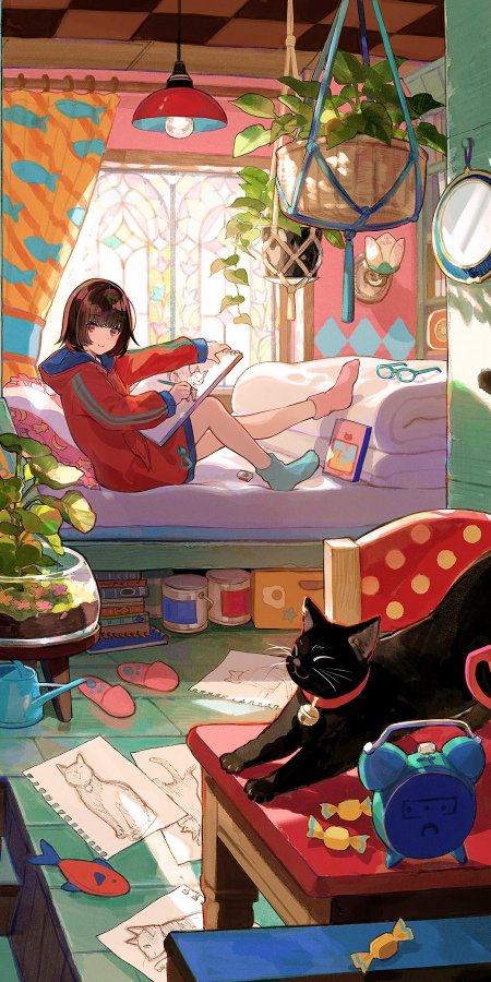 少女绘画猫咪陪伴温馨室内动漫手机壁纸