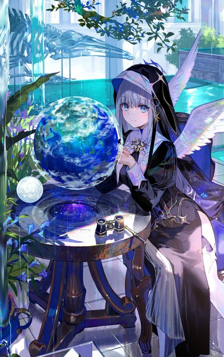 银发天使少女捧地球蓝紫奇幻动漫手机壁纸