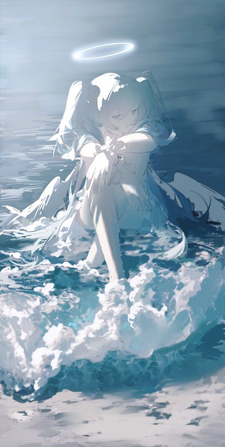 天使少女海浪中抱膝蓝白动漫手机壁纸
