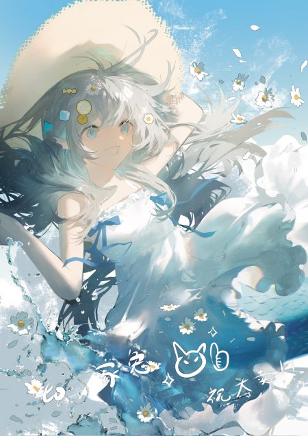 银发少女戴草帽水花飞溅蓝白动漫手机壁纸