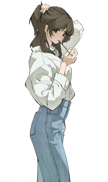 动漫少女扎马尾咬笔白衬衫蓝牛仔灰调动漫手