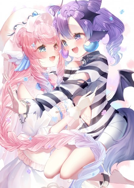 粉色双马尾少女与紫发恶魔少女粉紫动漫手机