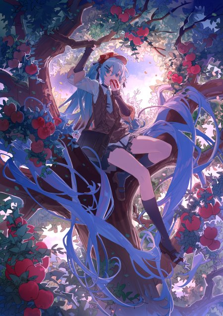 初音未来苹果树下蓝发少女粉紫动漫手机壁纸