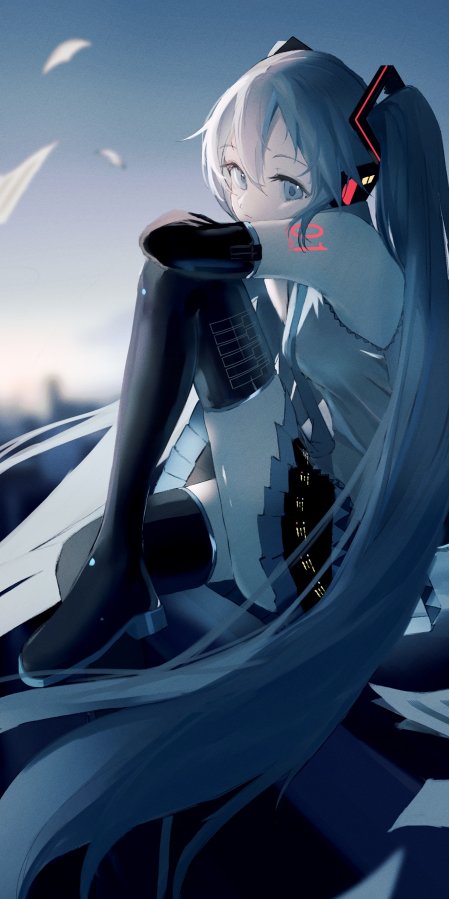 初音未来蓝发双马尾红黑耳机蓝灰动漫手机壁纸