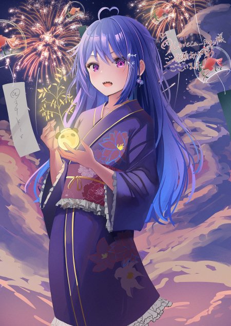 LovecaBoss紫发少女和服烟花夜景动漫手机壁纸