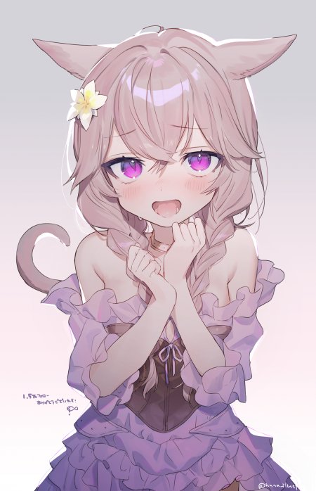 猫耳少女紫瞳花饰粉紫动漫手机壁纸
