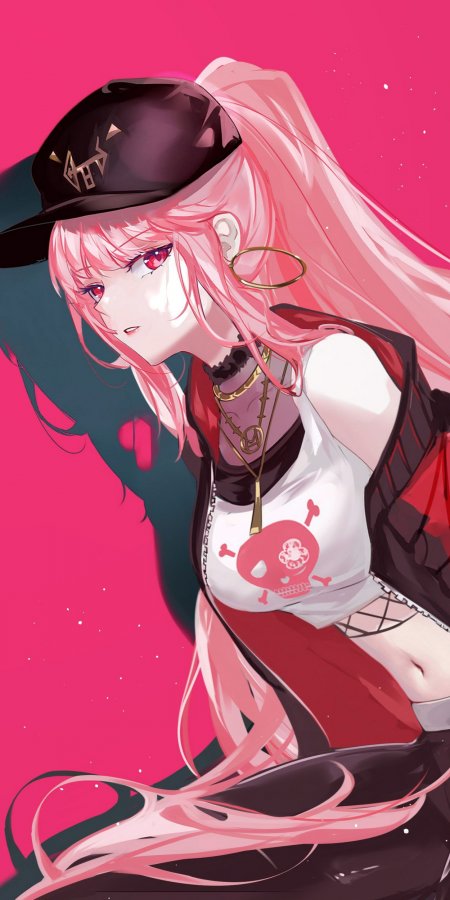 粉色长发少女黑帽骷髅T恤粉红动漫手机壁纸