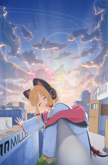 猫耳少女屋顶仰望星云蓝紫动漫手机壁纸