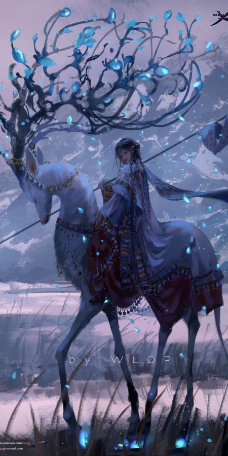 wlop 鬼刀原创少女骑白鹿蓝光枝桠梦幻紫蓝奇幻动漫手机壁纸