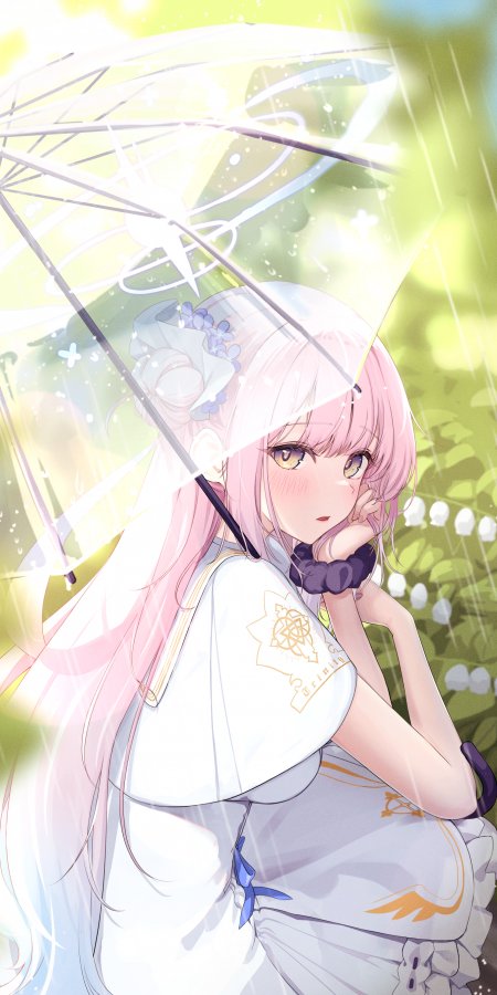 粉色长发少女撑透明伞雨中浅笑柔光动漫手机