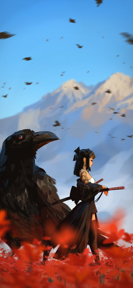 黑衣持刀少女与乌鸦红花山景动漫手机壁纸