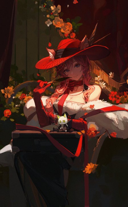 红帽少女持叶微笑暗红唯美动漫手机壁纸