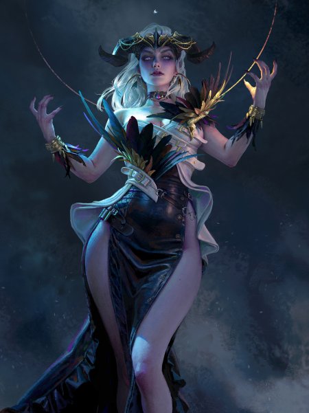 暗黑系女巫银发羽饰紫蓝奇幻手机壁纸