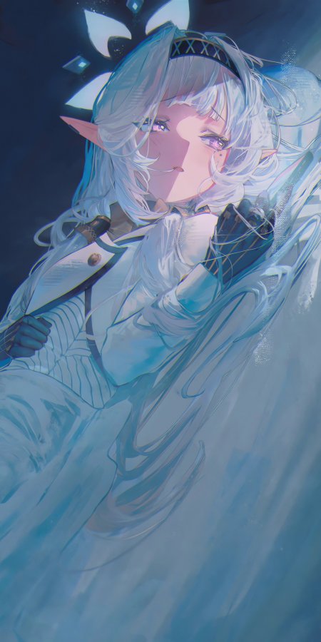 银发精灵少女持剑蓝白动漫手机壁纸