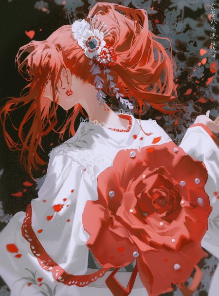红发少女持红玫瑰暗红唯美动漫手机壁纸