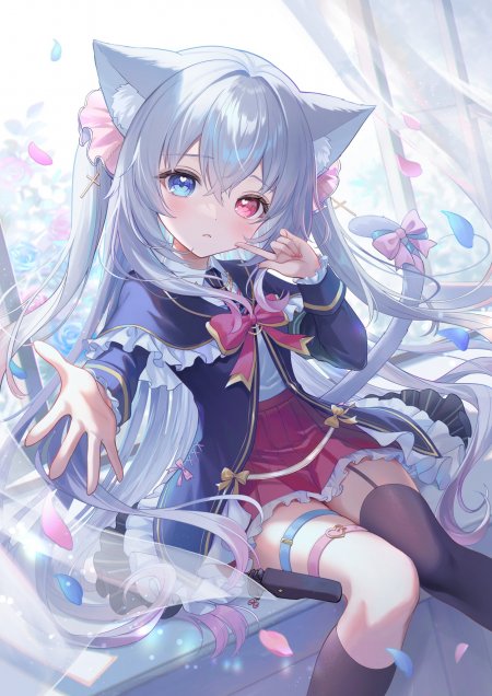 银发猫耳少女异色瞳粉紫动漫手机壁纸