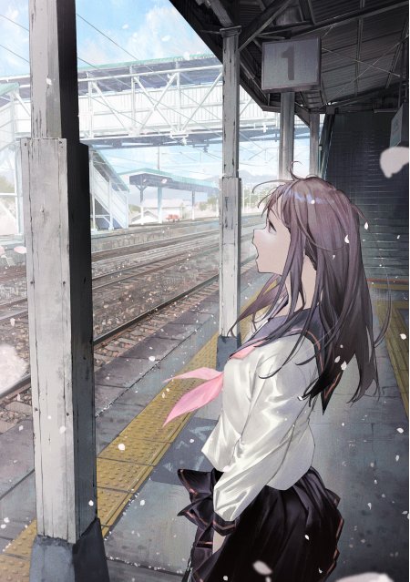 樱花飘落车站少女侧影淡粉紫动漫手机壁纸