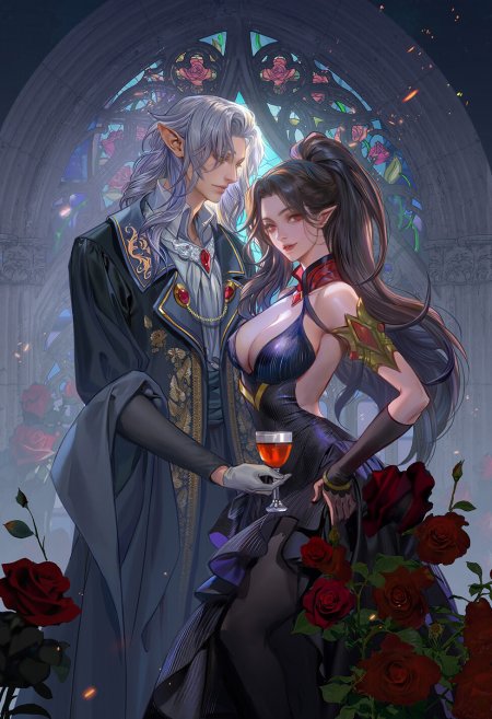 吸血鬼贵族男女对视暗红玫瑰奇幻动漫手机壁