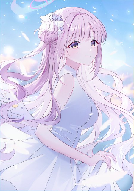 粉发少女花饰蓝裙淡紫动漫手机壁纸